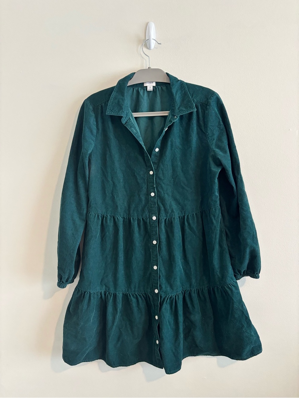 J. Crew Green Button-Front Corduroy Tiered Shirt Dress
